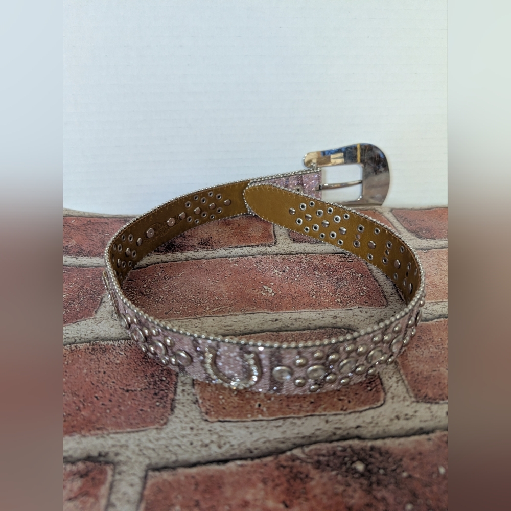 Belt Silver/ Pink Horse Shoe Studded Women's Belt 23 Inches